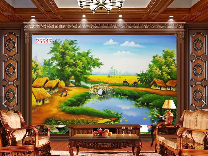 Top mẫu tranh dán tường 3D phòng khách hiện đại 2025 Tranh dan tuong phong canh dong que 1